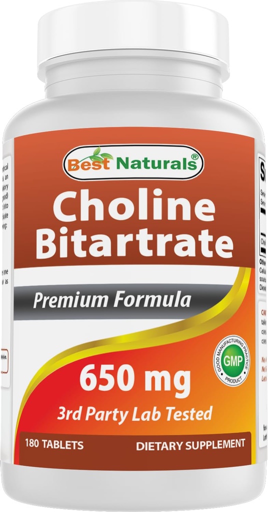 Cel mai bun naturals Choline Bitartrat 650 mg (Non-GMO) pentru funcția cerebrală cognitivă sănătoasă 180 comprimate