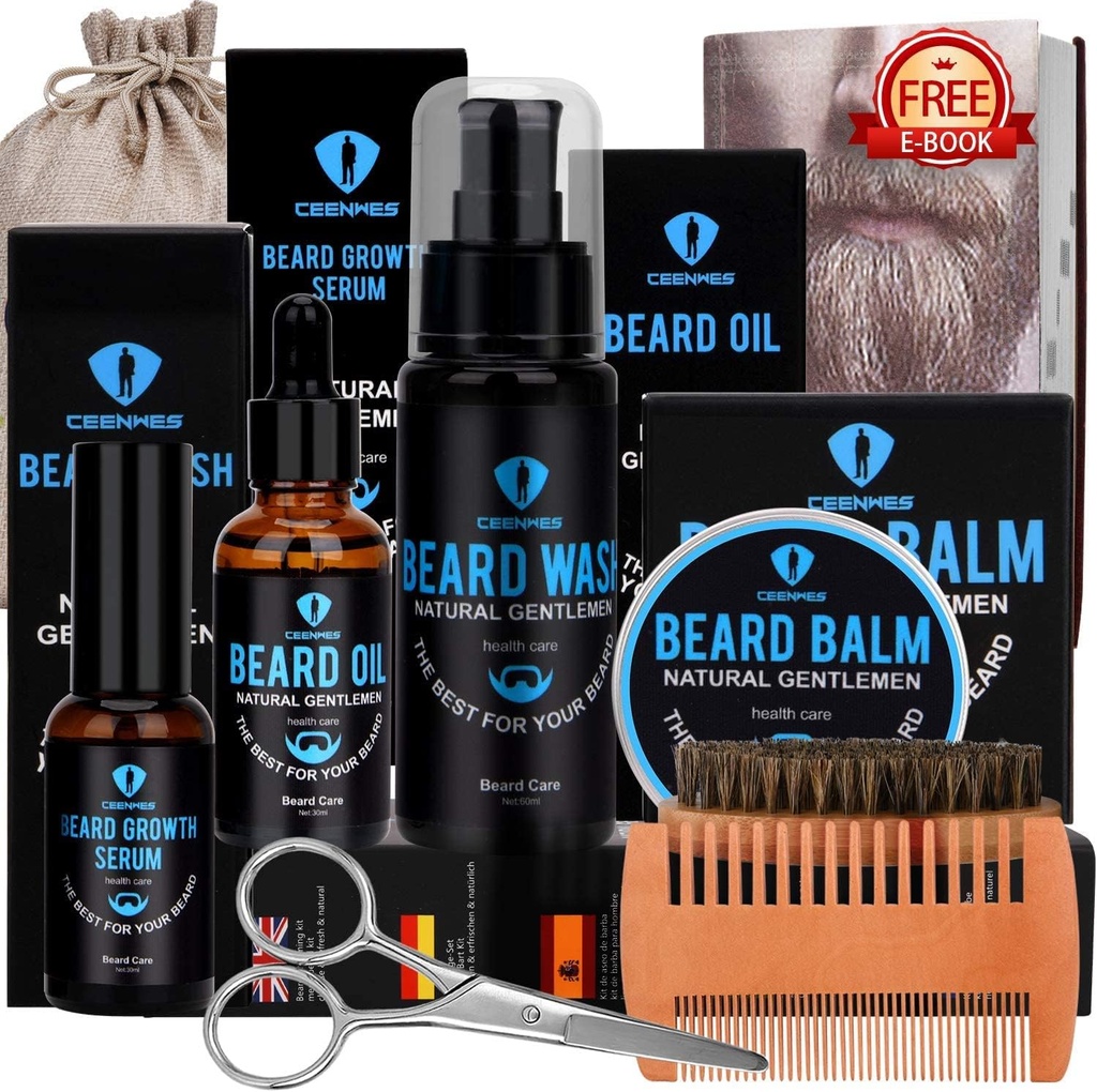 Kit de înfrumusețare barbă, Kit de barbă cu ulei de barbă, Ser de creștere Barbă, Ser de grădină, Balsam barbă, Perie de barbă, Comb barbă, Foarfecă barbă și mustață Kit de creștere barbă Cadouri unice pentru bărbați