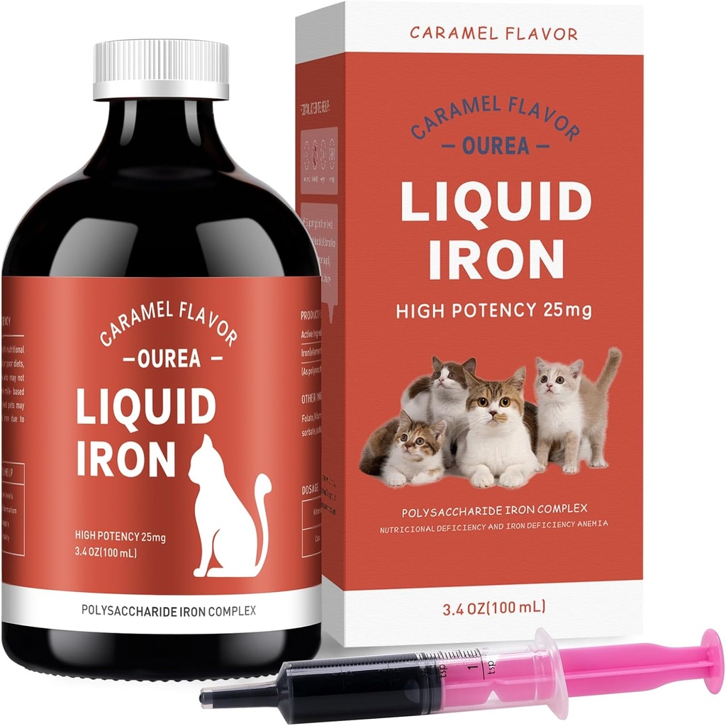 Suplimente de fier pentru pisici - fier lichid pentru anemie cu vitamine Cat, Suport Nivele de fier, Promovarea Celulei Roșii, Boost Energie și Vitalitate în Sănătatea Pisicilor, 3.4oz(100ml)