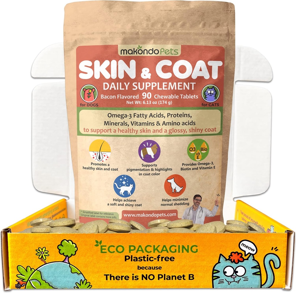 Pielea și haina Supliment cu ulei de pește și Omega 3 pentru câini și pisici - Dog Itch Relief Suplimentul pentru animale de companie de vărsare, piele uscată mâncărime și alergii - Vitamine de tratament alergie câine (90 Tabs)
