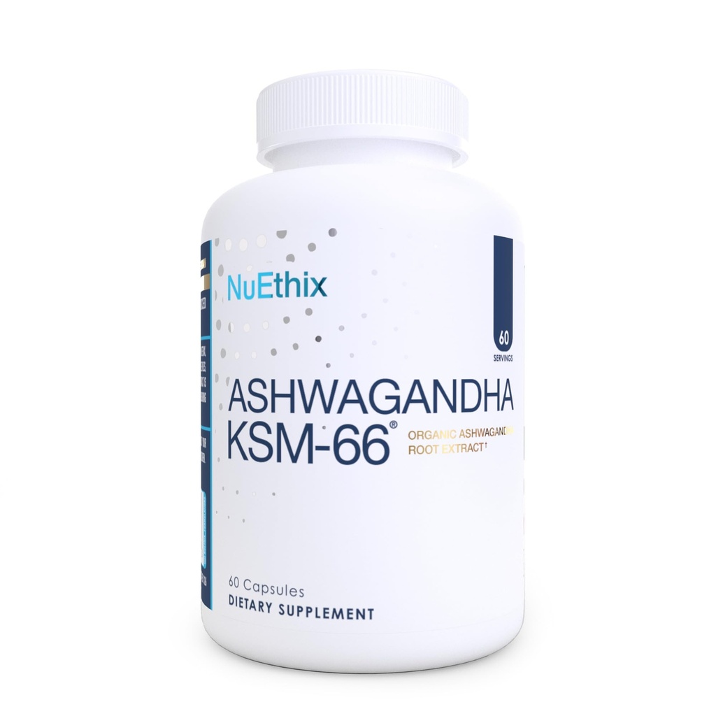 NuEthix Formulations Ashwagandha KSM 66, 500mg of KSM-66 Root Extract, Mood, Stres, & Cognitive Support, BioPerine Black Pepper Extract, Gluten Free, Vegetarian, Non-GMO, & Dairy Free, 60 Servings
