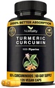 Curcumina turmerica cu extract de piper negru (Piperina) - 120 Capsule Tumerice Veggie - Premium 95% Curcuminoide standardizate - Absorbtie mare si potenta - Supliment de suport comun