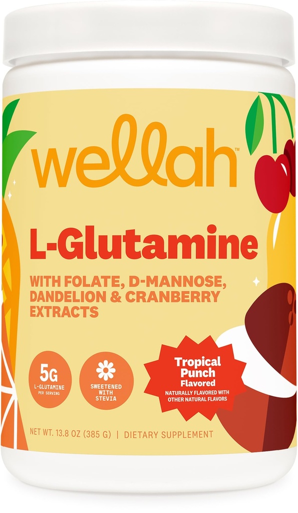 Wellah L-Glutamine Powder Tropical Punch (50 de serviri) - 5g L-glutamină per Serving, îndulcit cu Stevia