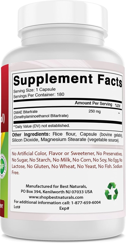 Cel mai bun supliment DMAE natural 250 mg & Vitamina B1 ca Tiamină Mononitrat 100 mg