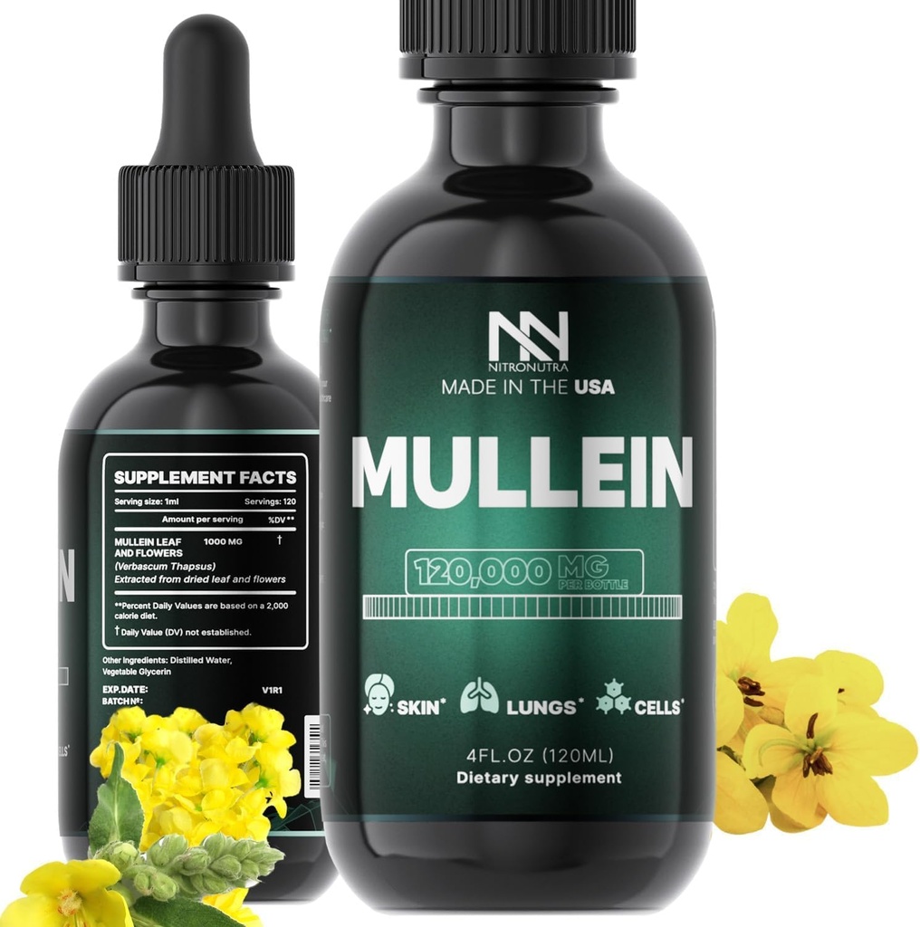 Mullein picături pentru plămâni - Lung Cleanse & Detoxifiere - Mullein Leaf Extract pentru plămâni - Lung Detoxifiere pentru fumatori - Bronhial și suport imunitar - Mullein Leaf picături 4 Fl Oz