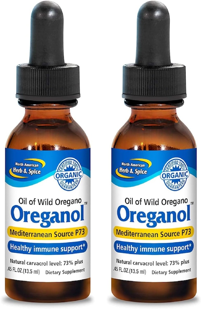 NORD AMERICAN HERB & SPICE Oreganol - 0,45 fl oz, Pachet de 2 - Ulei de Oregano neprelucrat, sălbatic, organic - Sursa mediteraneană P73 - Non-GMO - 388 Serviri totale