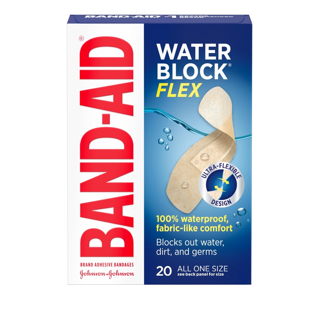 Bloc de apă Band-Aid Flex 100% Bandaje adezive rezistente la apă pentru îngrijirea rănilor cu premeditare pentru tăieturi minore, zgârieturi şi răni, design ultra-flexibil, steril, toate de o dimensiune, 20 ct