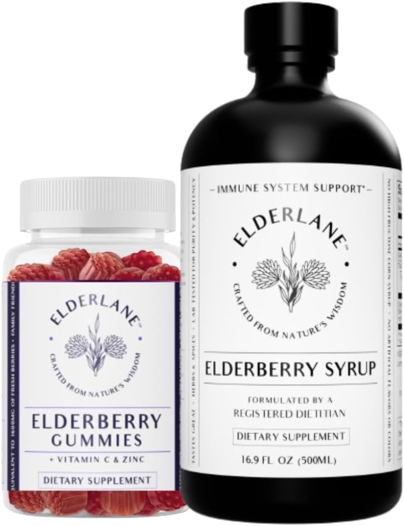Elderlane Elderberry Syrup and Elderberry Gummies - Anterior RD Naturals - Immune Supplement for Adulți și copii - 16.9 Oz Syrup and 60ct Gummies