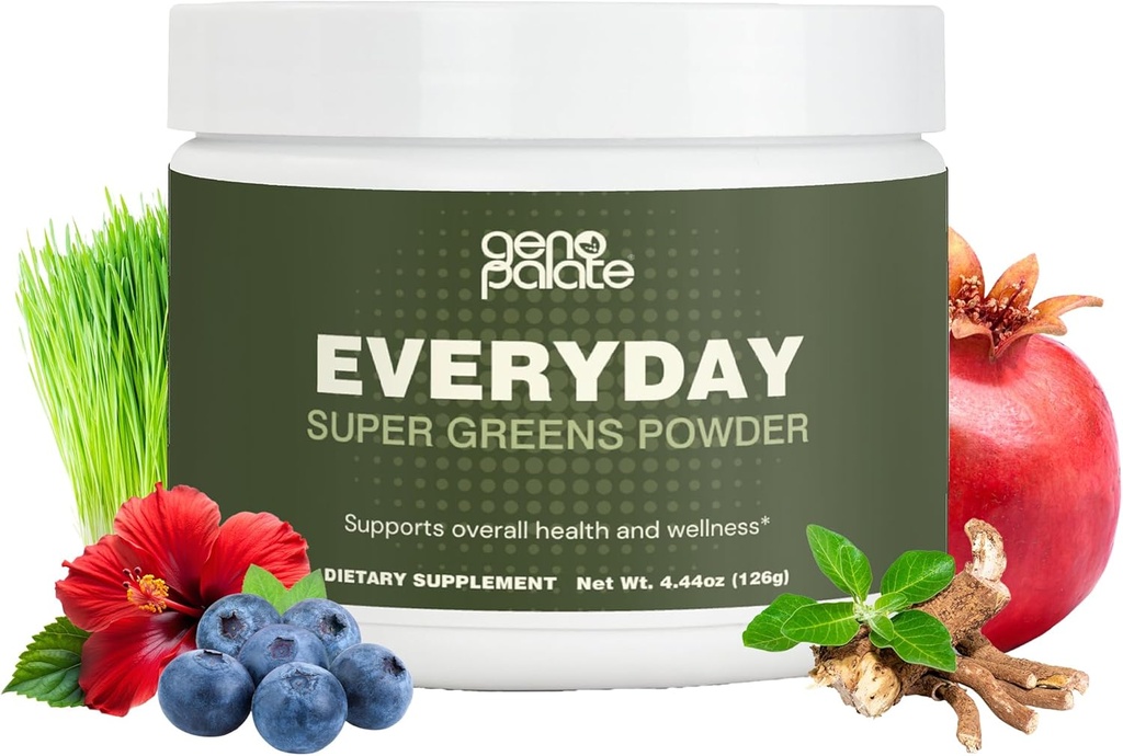 GenoPalate în fiecare zi Super Greens, Nutrients cu bază de plante cu Barley Grass, Spirulina, Turmeric & Probiotice, Sprijină Energie, Digestie, Antioxidanti & Stress, Vegan, Gluten-Free, Non-GMO, 30 Servings