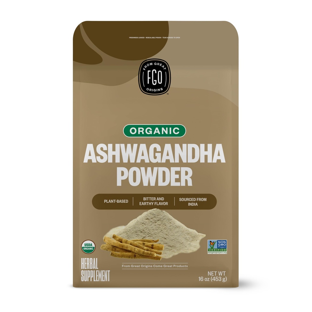 FGO Organic Ashwagandha Root Powder, 16 oz sac de vrac reutilizabil, non-GMO, Indian Ginseng, Withania Somnifera, Sursat din India (Pachetul de 1)