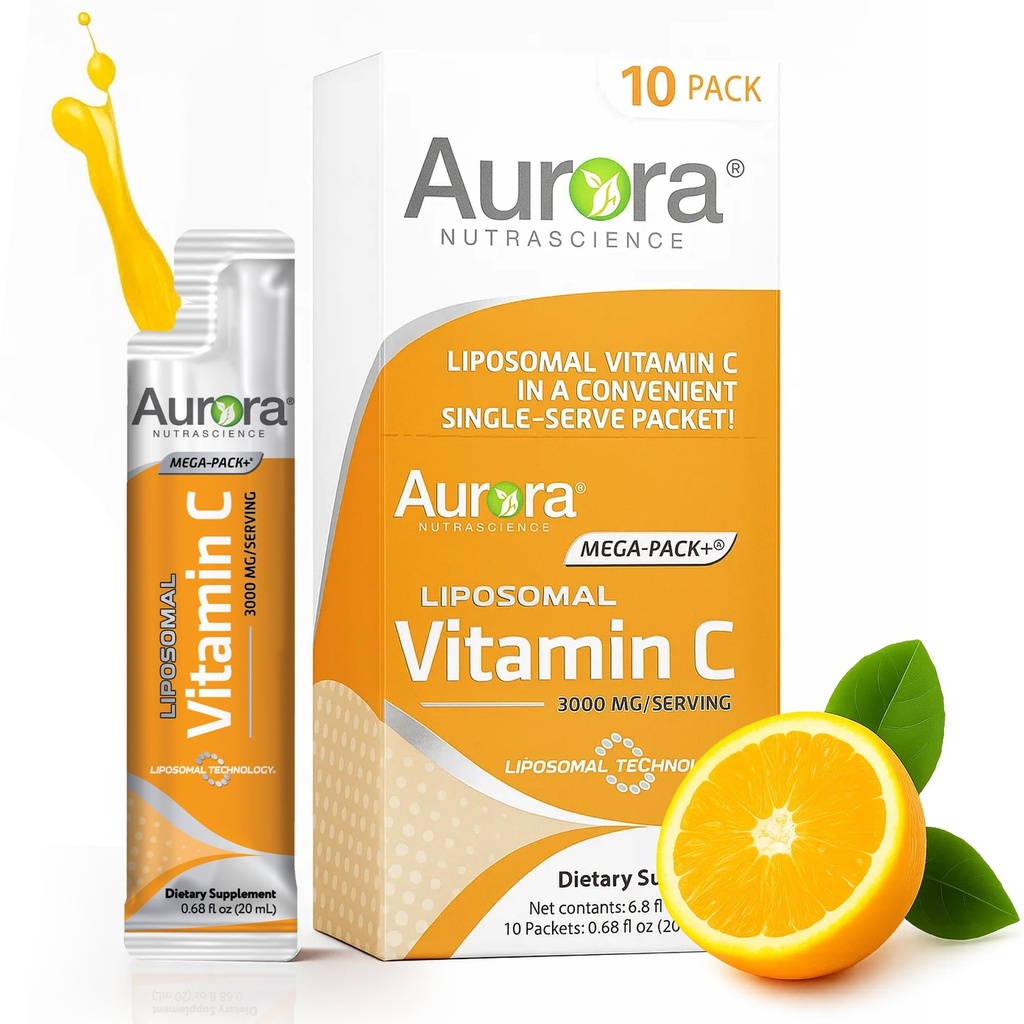 Aurora Nutrascience Mega-Pack Liposomale Vitamina C, Immune Support, 3000 mg Per Serving, Vegan, Gluten Free, Non-GMO, 10 Pachete de servire, Orange