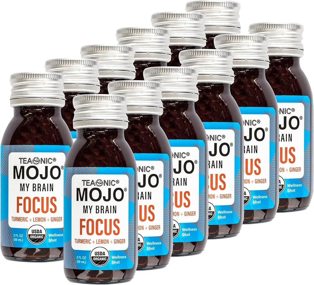 TEAONICĂ My Brain Mojo: Focus Wellness Shots - USDA-Certified Vegan Formula cu Ginkgo Biloba, Ginger, Turmeric - 12 sticle x 2 Fl Oz Each - Gluten-Free, Non-GMO
