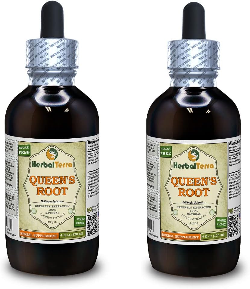 Root Queen's (Stillingia Sylvatica) Tincture, Extract lichid de rădăcini uscate (Brand Name: HerbalTerra, Proudly Made in USA) 2x4 fl.oz (2x120 ml)