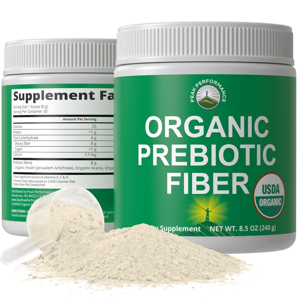 Organic Prebiotic Fiber 3-in-1 Vegan pulbere pentru Gut Health. USDA Organic Raw Whole Food Plant based Prebiotics Digestive Supplement with Organic Inulin (Jerusalem Artichoke), Acacia Fibers, SunFiber