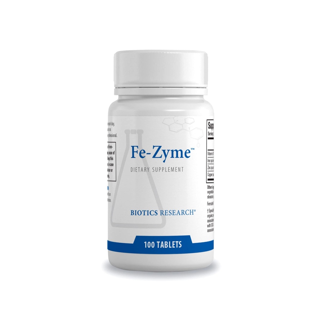 Biotice Cercetare Fe-Zyme 25 Milligram Fier, Adăugat Zinc și cupru, susține producția normală de celule roșii din sânge, niveluri de energie sănătoasă 100 comprimate