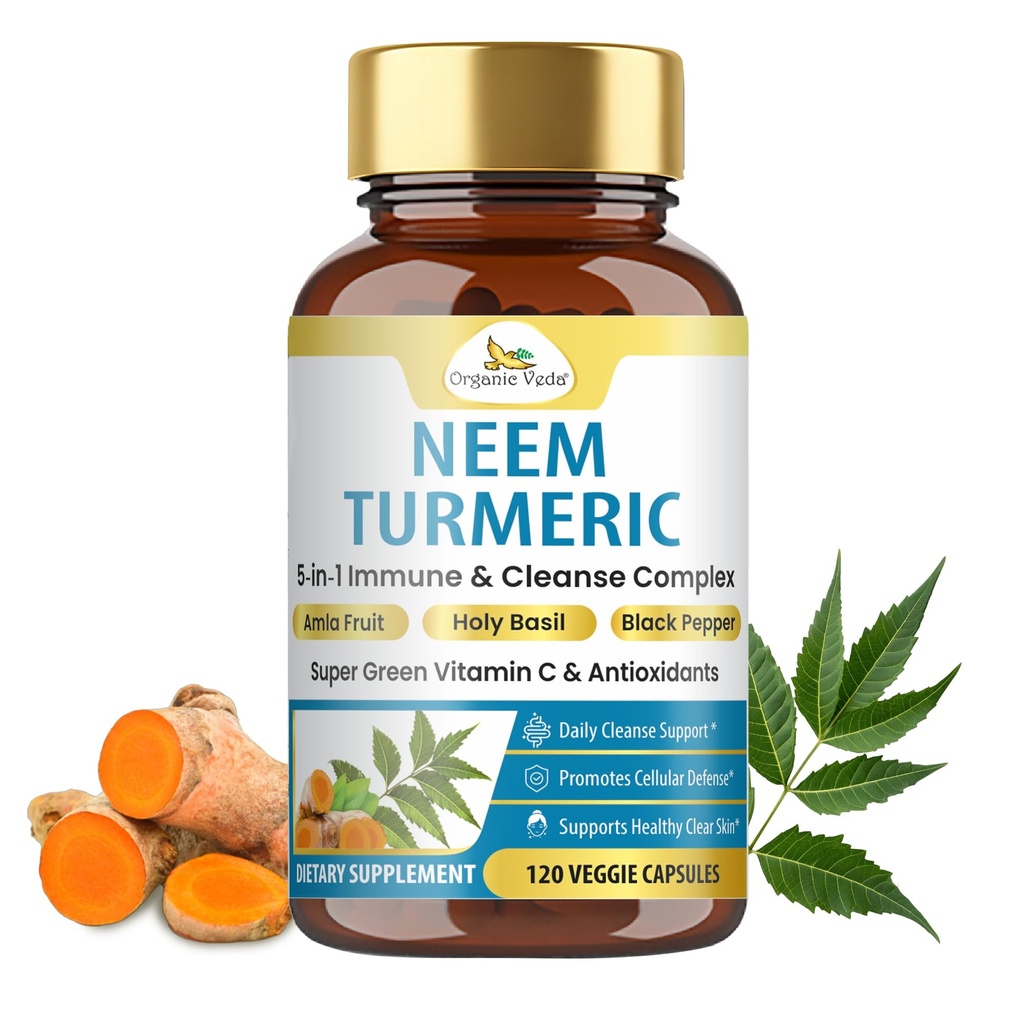 Capsule organice Veda Neem & Turmeric cu Amla Fruit, Tulsi, Holy Basil, Black Pepper Extract - Suport imunitar Supliment alimentar - Boosts sănătos piele curată și apărare celulară - 120 capsule Vegan