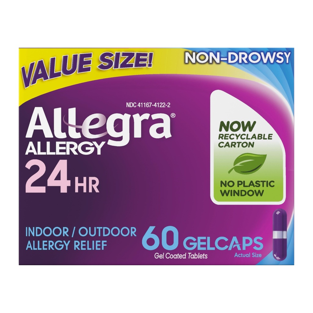 Allegra Adult 24-Hour Alergia Ajutor Gelcaps, non-Drowsy Indoor and Outdoor Alergia Medicina, 180 mg Fexofenadină HCI Antihistamin Pilula, 60-Count