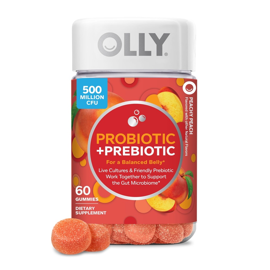 OLLY Probiotic + Prebiotic Gummy, Digestive Support and Gut Health, 500 Million CFUs, Fiber, Adult Chewable Supplement for Men and Women, Peach, 60 Day Supply - 60 Conte