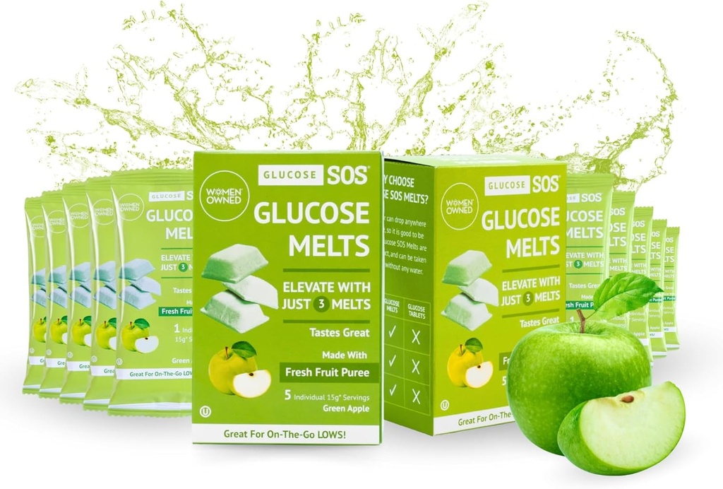 Glucoză SOS Melts Made with Dextrose Powder Natural Fruit Pure Sugar, Glucoză Tabs, Sports Supplement, Rapid Acting Tablets with 10 Individual 15g Servings of Green Apple