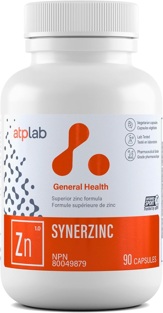 ATP LAB Synerzin 90 capace - Supliment de zinc Vegan pentru bărbaţi şi femei - Suplimente minerale de zinc - Piele sănătoasă - Vitamine de zinc pentru adulţi