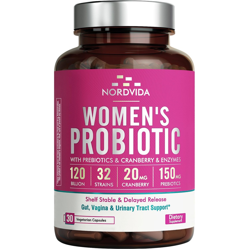 Femeii Probiotic, 120 Miliarde & 32 Tulpini cu cranberry, Prebiotice & Enzime digestive, Gut, Vaginal & Uurina Tract Support, 30 capsule cu eliberare întârziată