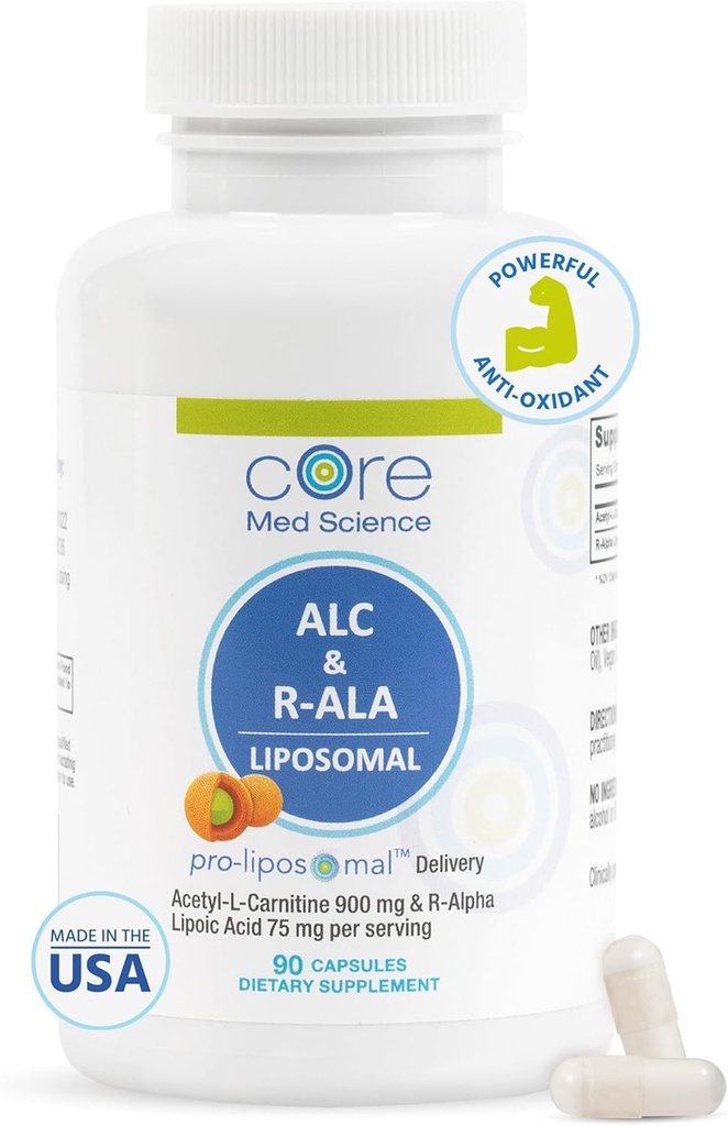 Nucleu Med Science Liposomal ALC & R- ALA Supliment capsule - Acetil-L-Carnitina (900mg) & R-Alpha Acid lipoic (75mg) - Promovează energie și focalizare - susține funcția mentală și cunoașterea memoriei (90 Count)