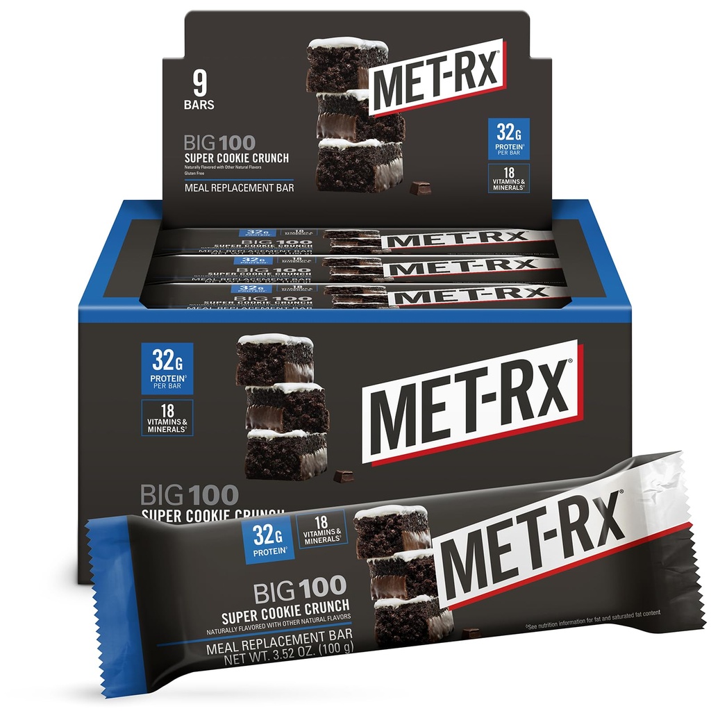 MET-Rx Big 100 Proteine Bar, Masă de înlocuire Bar, 32G Proteine, Super Cookie Crunch, 9 Baruri (Pachet de 1)