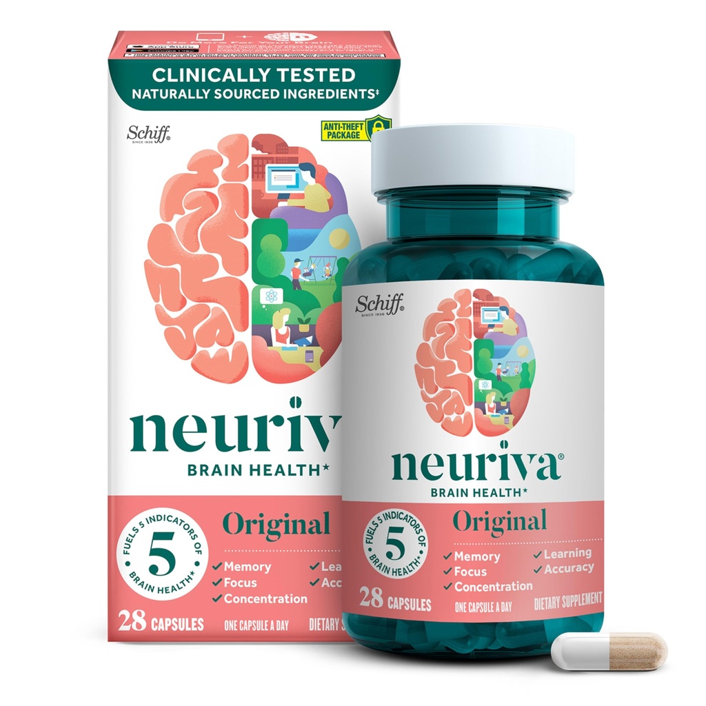 NEURIVA Original Decafeinated Clinic testate Nootropic Creier Supliment pentru memorie, Focus & Concentrare, NeuroFactor & Fosfatidilserină, 28ct Capsule