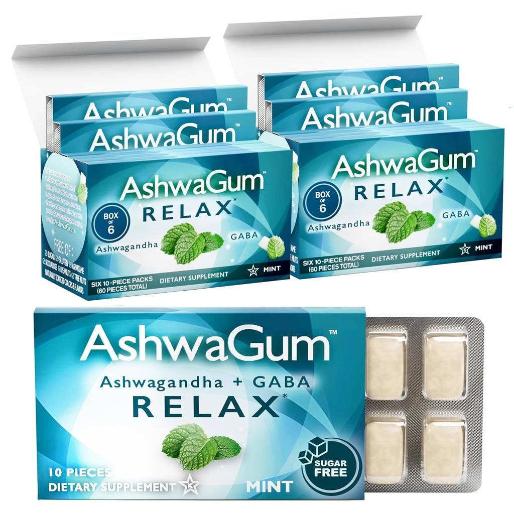 AshwaGum RELAX Gum by BetterGum, High Potecy Supplement with KSM 66 Ashwagandha and Gaba, Supports Stres and Tension Relief, Alternative to Gummies, Sugar-Free, Pack of 2