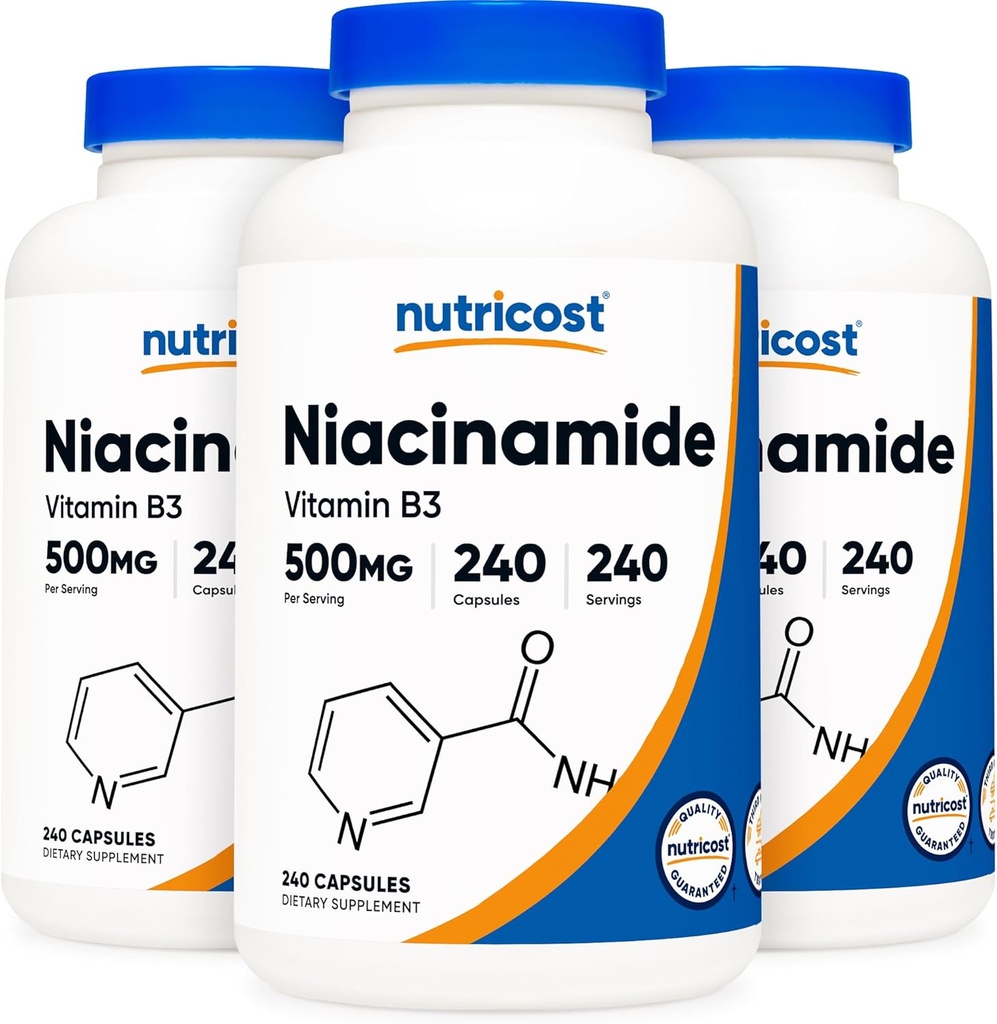 Nutricost Niacinamidă (Vitamina B3) 500 mg, 240 capsule (3 flacoane)