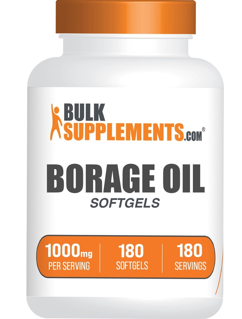 BulkSupplements.com Borage Oil Softgels - Gamma Linolenic Acid Suplimente, Borage Ulei, Borage Ulei 1000mg - Gluten gratuit, 1 Softgel per Servire, 180 Conte (Pachet de 1)