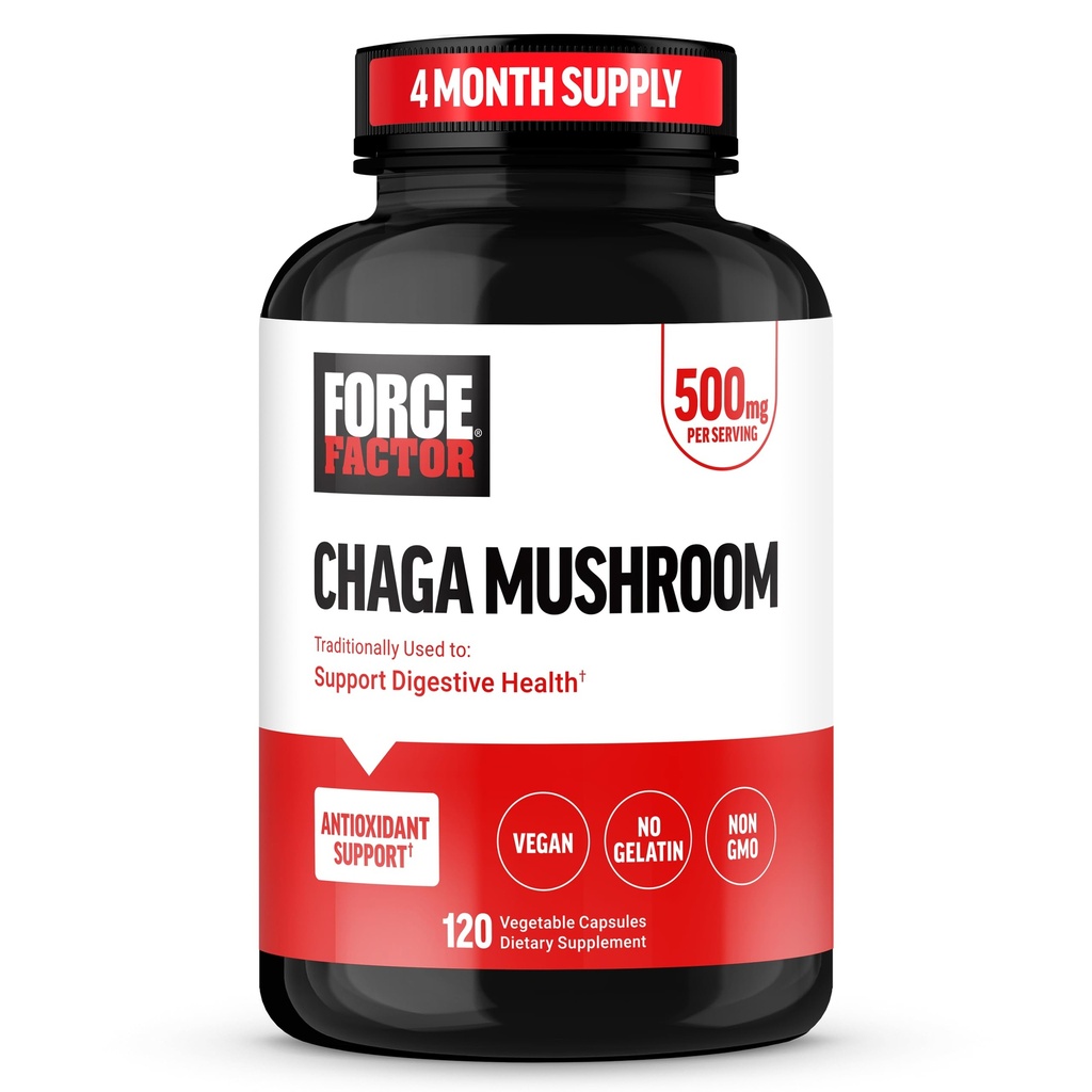 Force FACTOR Ciuperci Chaga Capsule, supliment ciuperci pentru a sprijini sănătatea gută și digestia, fabricate din ciuperci reale, Vegan, non-GMO, 120 capsule