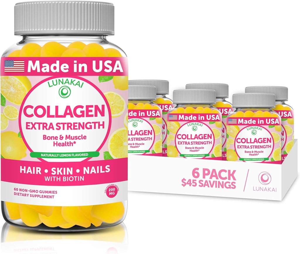 Lunakai Colagen Gummies - Formula cea mai gustoasă de proprietate - 200 mg Gume de colagen hidrolizate pentru femei și bărbați cu biotină, zinc, vitamina C și E - supliment anti-GMO anti imbatranire pentru femei - 6 ambalaj