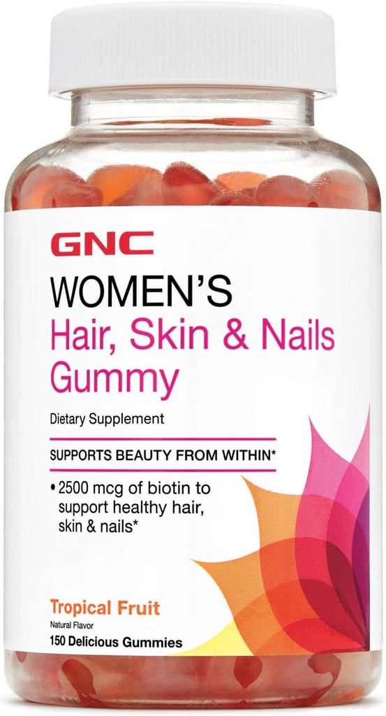 GNC Păr pentru femei, Piele &amp; Nails Gummy - fructe tropicale, 150 Gume, Contine Biotina pentru par puternic si sanatos, piele si unghii