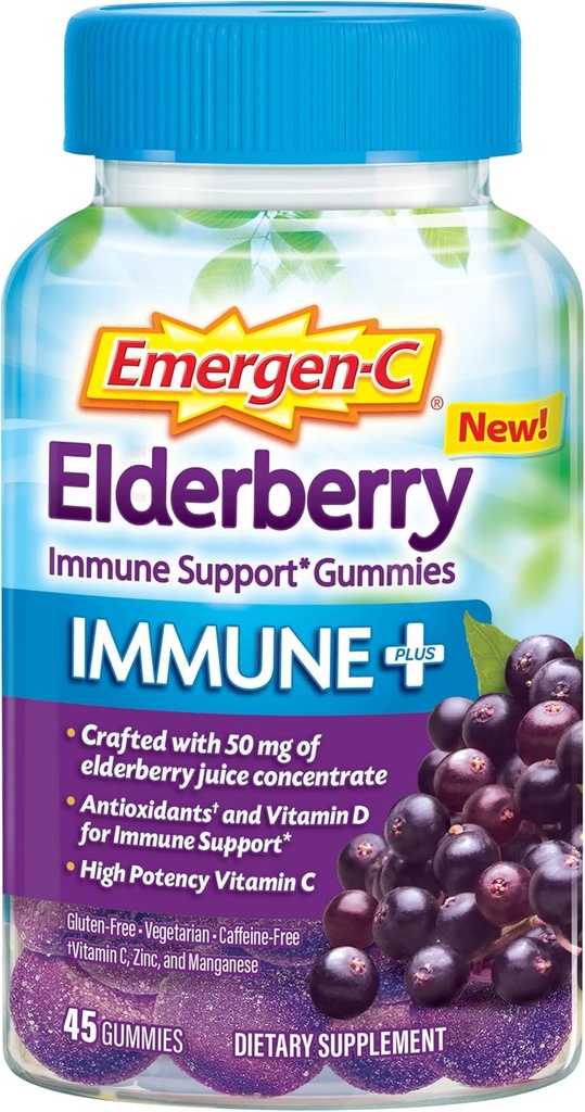Emmergen-C Imune+ Elderberry Gummies, 750 mg vitamina C cu vitamina D, zinc și electroliți, suport imunitar Supliment alimentar, Cafeina gratuit, Gluten gratuit, Aroma de soc - 45 Conte