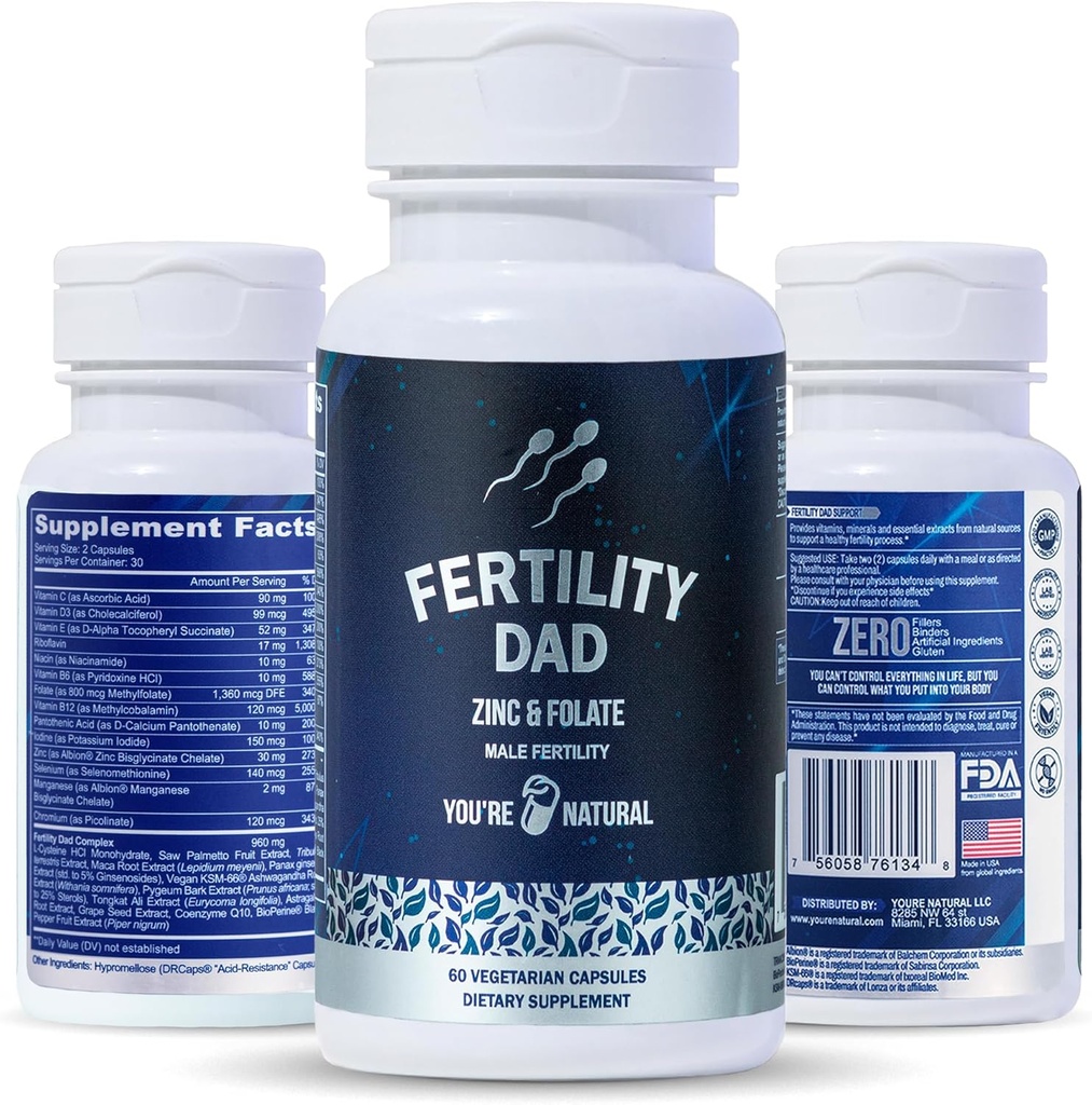 EȘTI NATURAL Vitamine Fertilitate masculină, Optimal Sperm Count, Motilitate, și Putere, Ashwagandha, Acid folic 800 mcg, Magneziu, Maca Root, L-carnitină, Vitamina C, E, D3, Peste 30 zile de aprovizionare