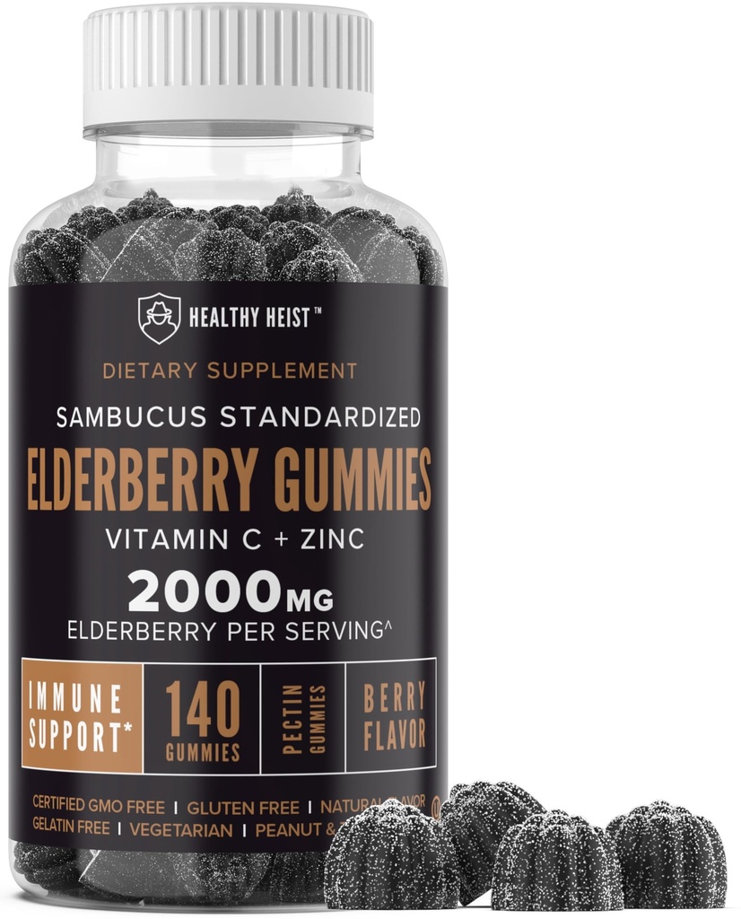 Sambucus gumiile negre de soc cu zinc și vitamina C, 140 gume, suport imun masticabil pentru adulți și copii, Non OMG, Kosher, Pectin, Vegan, Delicious Berry Flavor