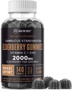 Sambucus gumiile negre de soc cu zinc și vitamina C, 140 gume, suport imun masticabil pentru adulți și copii, Non OMG, Kosher, Pectin, Vegan, Delicious Berry Flavor