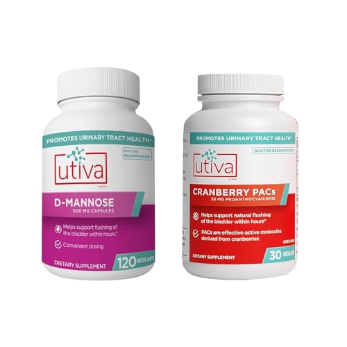 20% Bundle Utiva Cranberry PACs 30 Vegi Capsule Suplimentul de cranberry pentru tractul urinar Sănătate pentru femei şi bărbaţi + Utiva D- Manose 500mg 120 Capsule Flush natural Bladder şi tract urinar