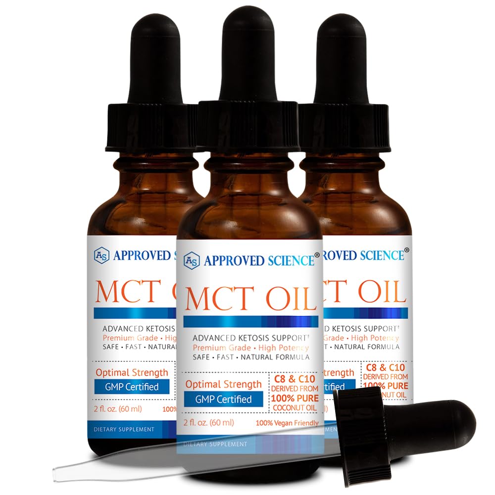 Ulei de stiinta aprobat® MCT - Triglicerid pur cu lanţ mediu (MCT) derivat din nuci de cocos cu acid caprilic (C8) şi acid Capric (C10) - Vegan, 60 ml - Pachet de 3
