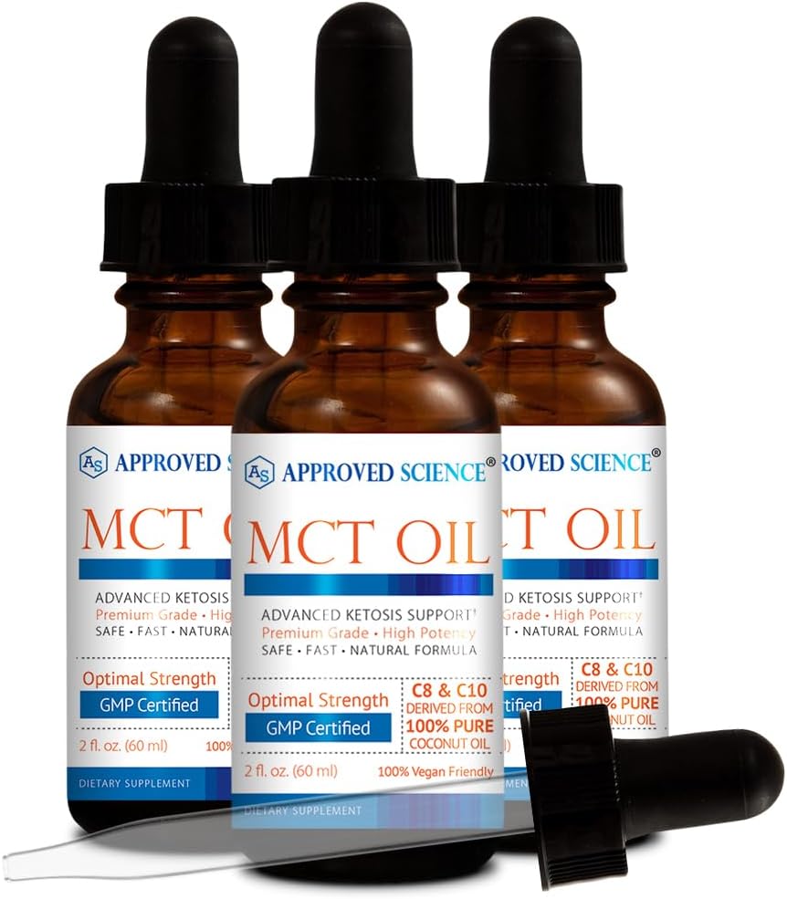 Ulei de stiinta aprobat® MCT - Triglicerid pur cu lanţ mediu (MCT) derivat din nuci de cocos cu acid caprilic (C8) şi acid Capric (C10) - Vegan, 60 ml - Pachet de 3