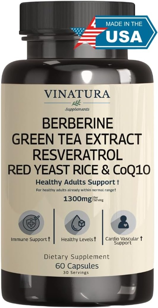 VINATURA Berberine HCL & Ceylon Scorțișoară - Red Yeast Rice & CoQ10 1300mg per Serving *USA Made & Tested* Nivele sănătoase cu extract de ceai verde, Resveratrol, magneziu, glicinat, crom Picolinat