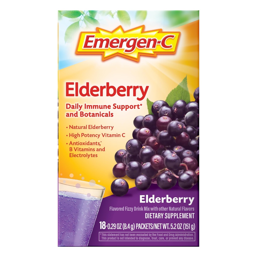 Emergen-C Elderberry Fizzy Drink Mix, Elderberry Immune Support, Arome naturale, Cu potenta mare vitamina C, 18 Conte