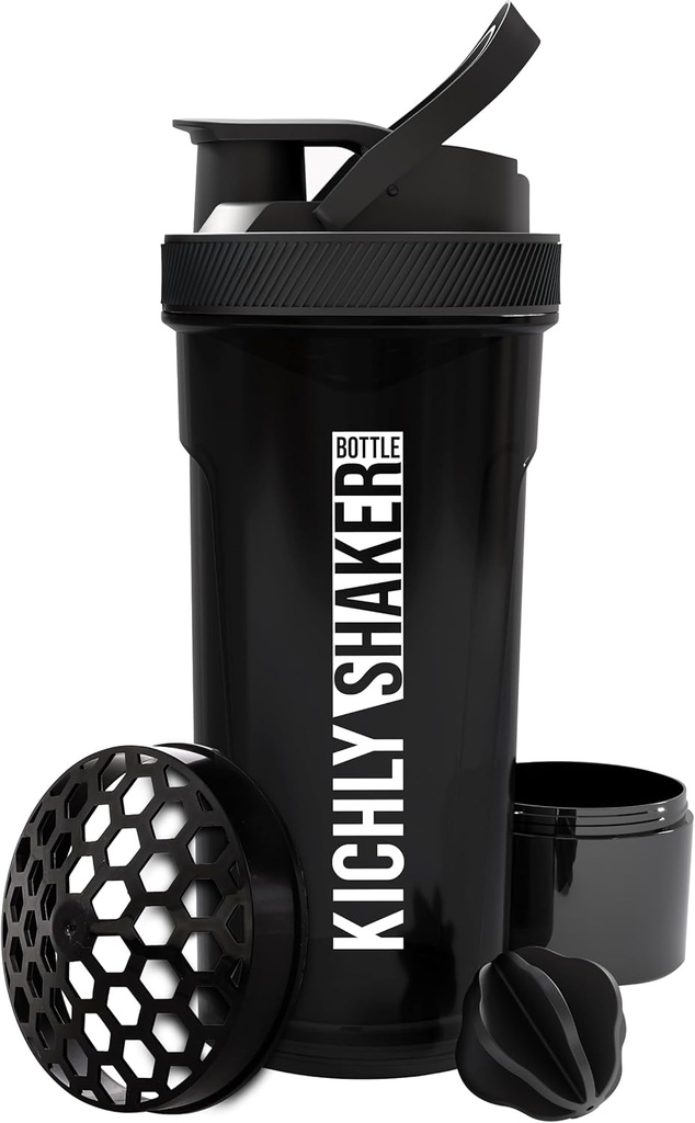 KICHLY Shaker flacon 1 ambalaj - 24 Ounce din plastic proteine Shaker flacon pentru pre- post antrenament cu Twist & Lock Proteine cutie de stocare (negru)