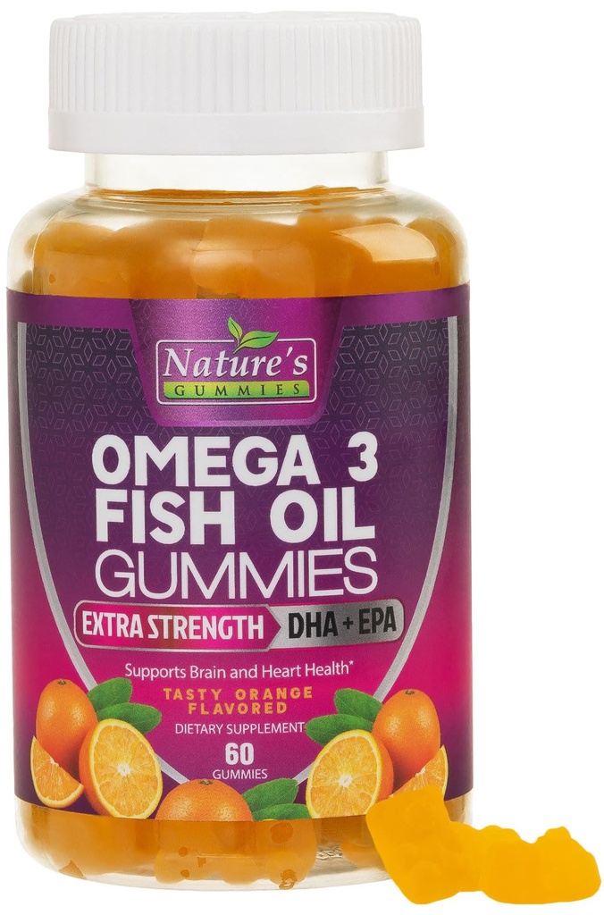 Omega 3 Gume de ulei de pește, inima sanatoasa Omega 3 Gummy Supliment cu înaltă absorbție DHA & EPA, Extra Putere comun & Brain Suport, Delicious Orange Flavor Ulei de pește vitamina naturii - 60 Gumies