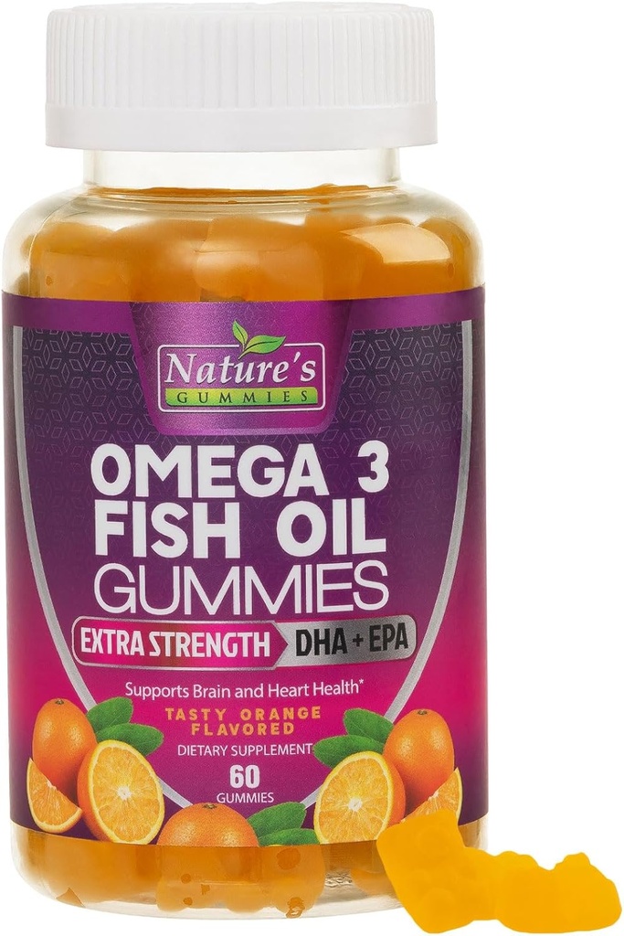 Omega 3 Gume de ulei de pește, inima sanatoasa Omega 3 Gummy Supliment cu înaltă absorbție DHA & EPA, Extra Putere comun & Brain Suport, Delicious Orange Flavor Ulei de pește vitamina naturii - 60 Gumies