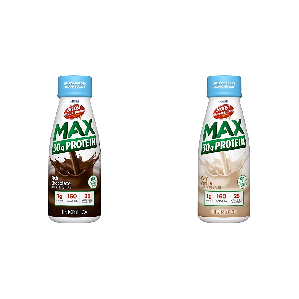 BOOST Glucoza control Max 30g Proteine Nutritional Drink, 12 bogat Ciocolata + 12 Foarte vanilie (Pachet de 24)