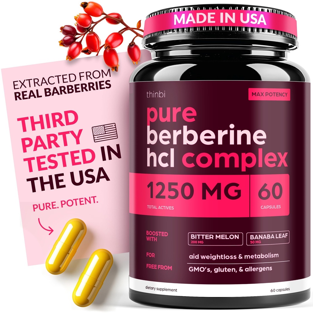 Berberine Supliment 1250 mg capsule Botanice potent pentru managementul greutății cu bitter Melon și Banaba Leaf - HCl de la Barberry Extract- 30 Servings