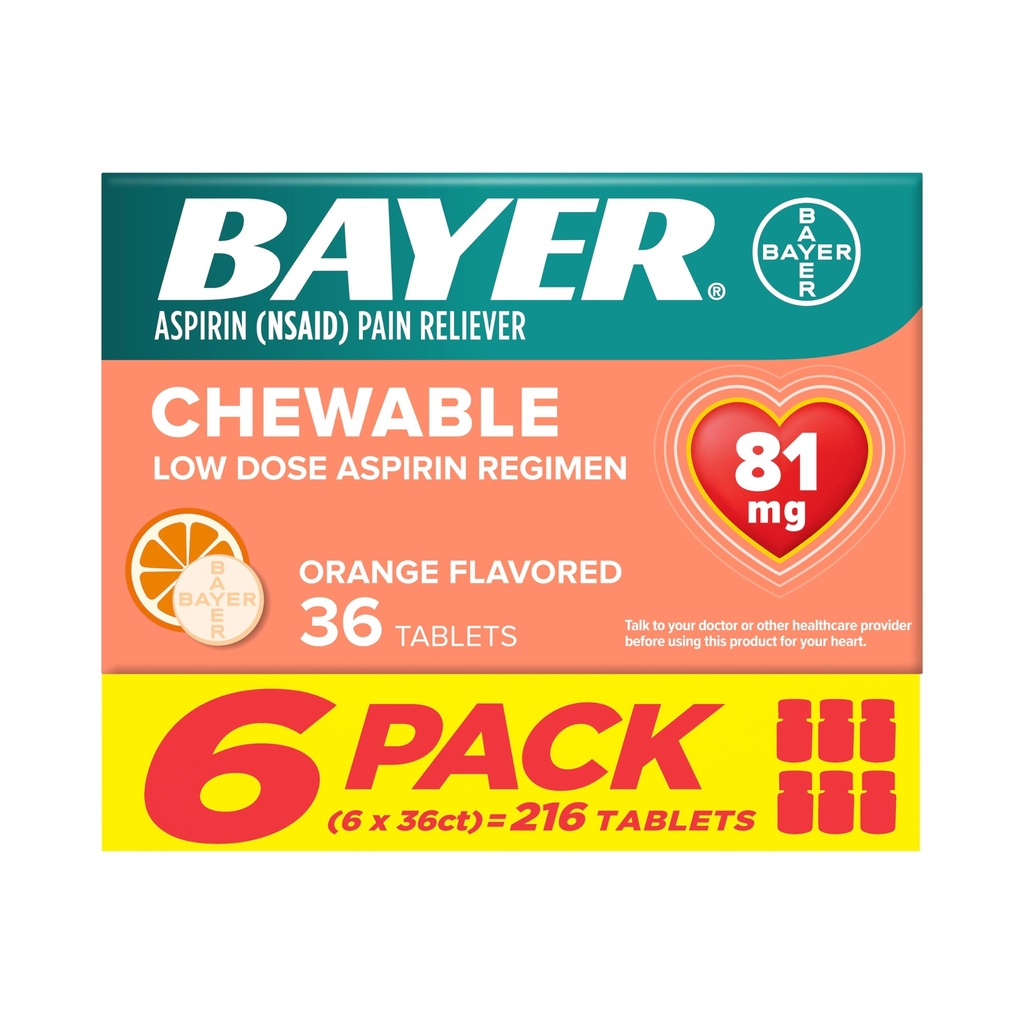 Bayer Aspirină doză mică 81 mg comprimate masticabile, durere Reliever, Orange Flavored, 216 comprimate (6 ambalaj)