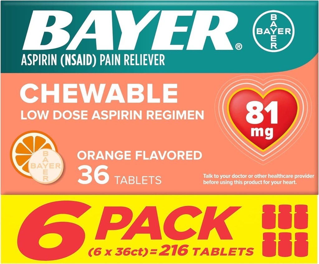 Bayer Aspirină doză mică 81 mg comprimate masticabile, durere Reliever, Orange Flavored, 216 comprimate (6 ambalaj)